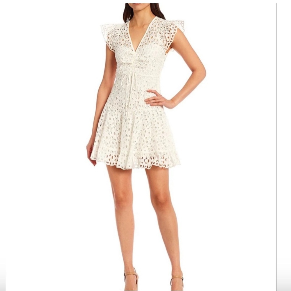 Gianni bini Tammy v neck flutter short sleeve eyelet cinched mini dress